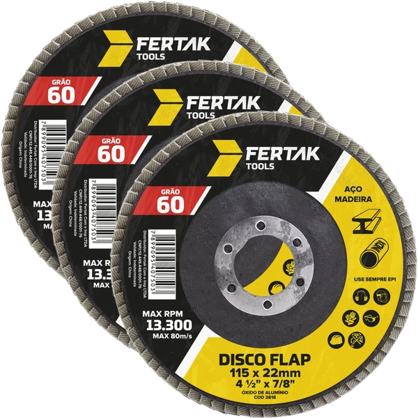 Disco Lixa Flap 115mm Grão 60 Madeira Aço Desbaste | 03 Un